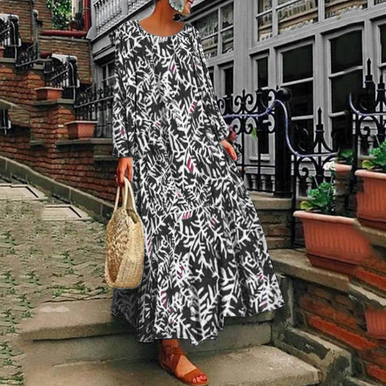 Uveng Uveng 2025 Summer New Women's Ebay Digital Print Long-Sleeved Dress Casual Long Dress