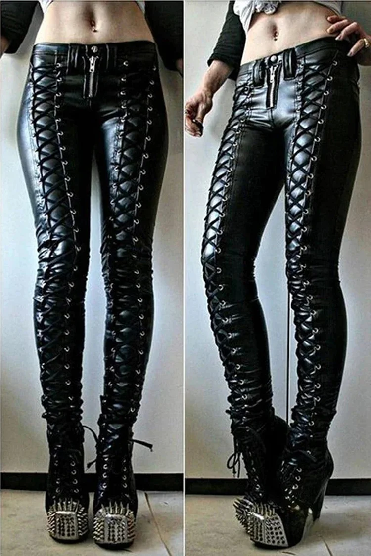 Lace Up Zipper Skinny PU Leather Pants-Black