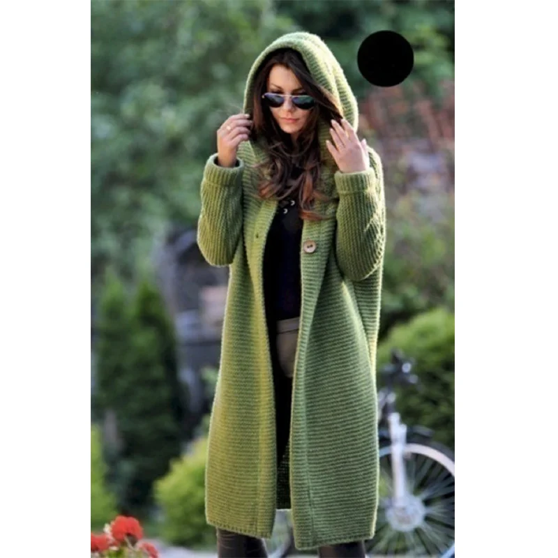 Uveng Uveng Fashion Autumn And Winter Knit With Hat Cardigan A Row Of Buttons Long Coat Trench Coat Women's Sweater Women's Clothing