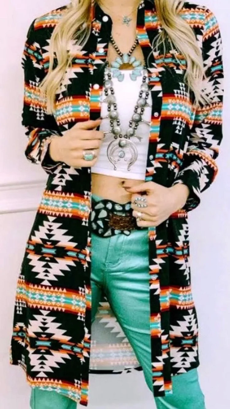 Western Aztec Print Longline Coat