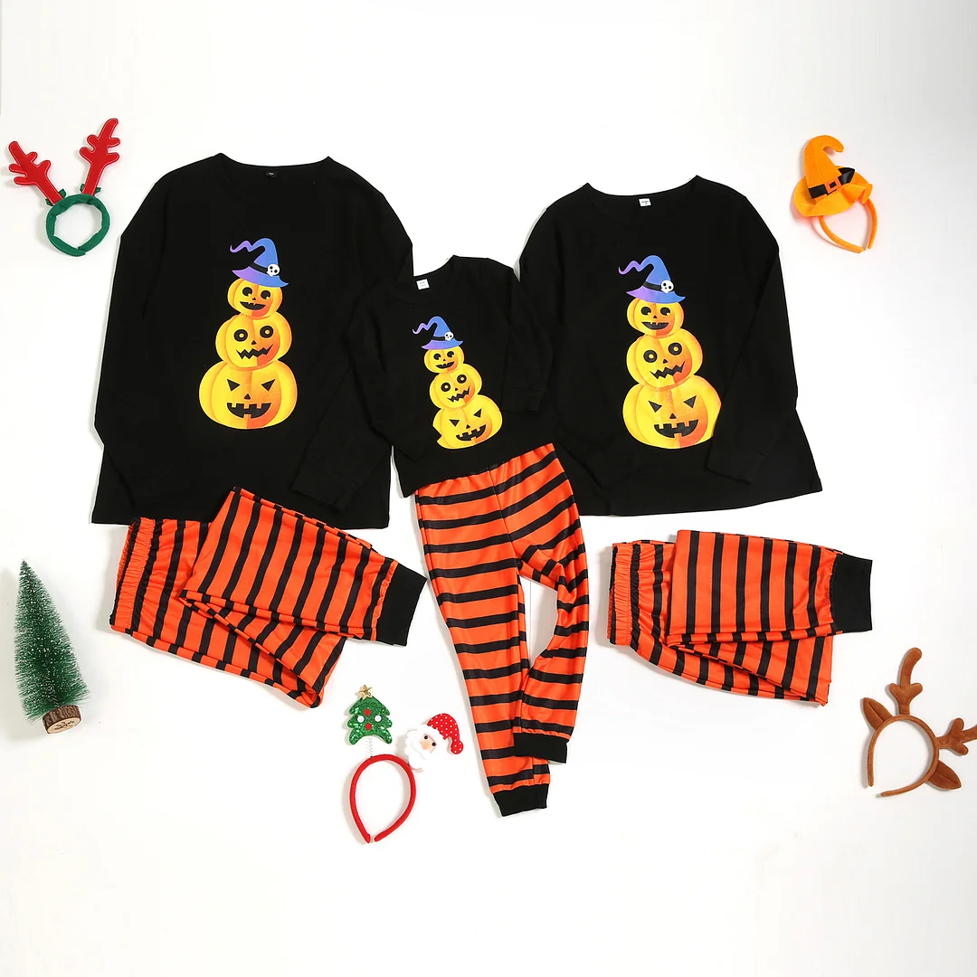Halloween Pumpkin Top and Stripe Pants Family Matching Pajamas Set、、sdecorshop
