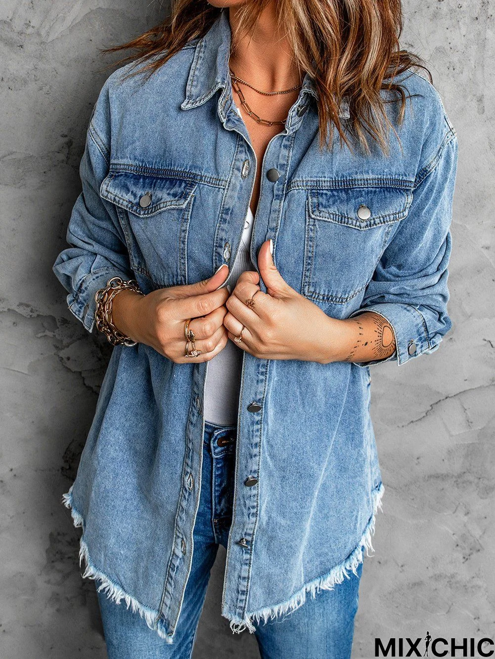 Plain Casual Shirt Collar Denim Jacket