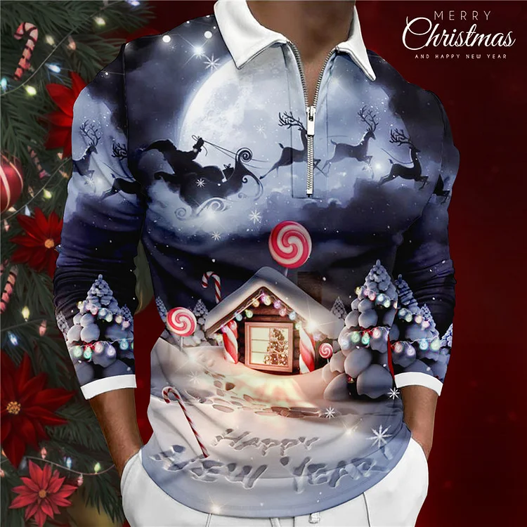 Christmas Half-Zip Collar Santa Claus Colorblock Long Sleeve Polo Shirts