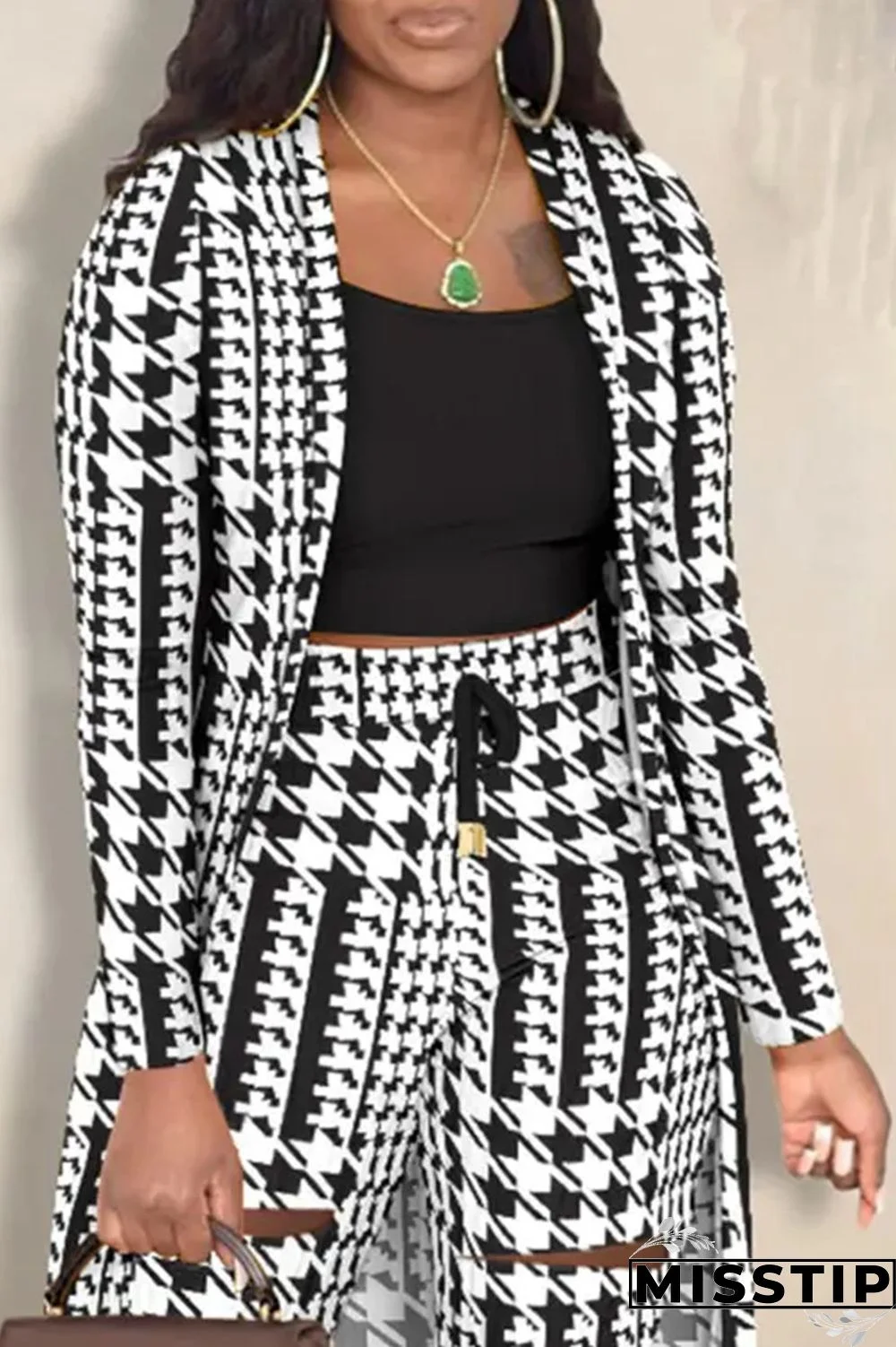 Black White Casual Print Ripped Printing Cardigan Collar Long Sleeve Two Pieces