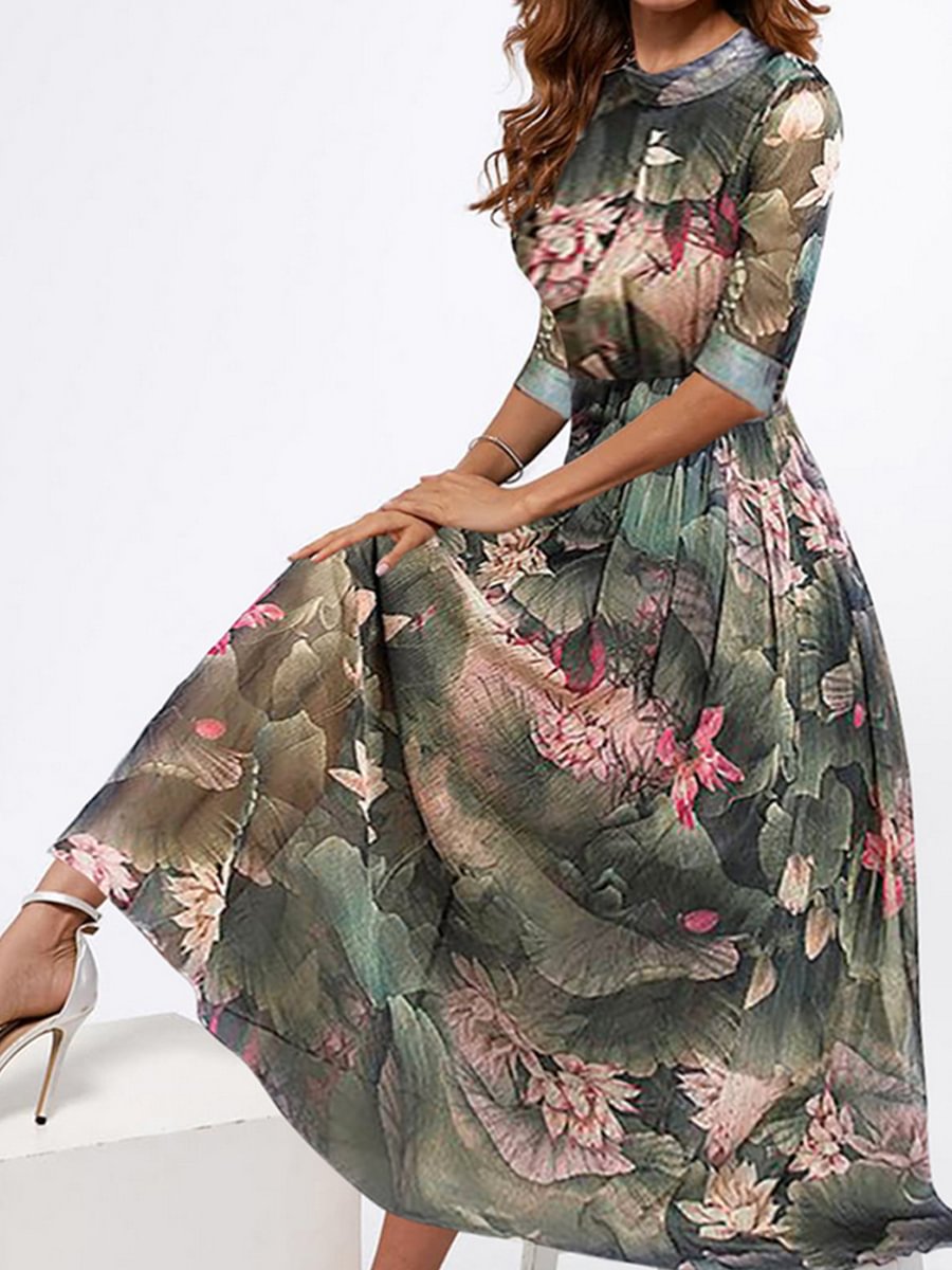 Fashion Casual Lotus Leaf Lotus Print Round Neck Half Sleeve Maxi Dress