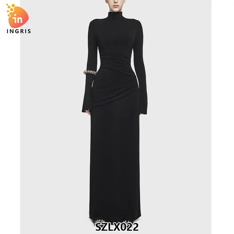 2025 fashion new ruffled turtleneck blue evening gown Vietnam simple slim long elegant women dress-SZLX022