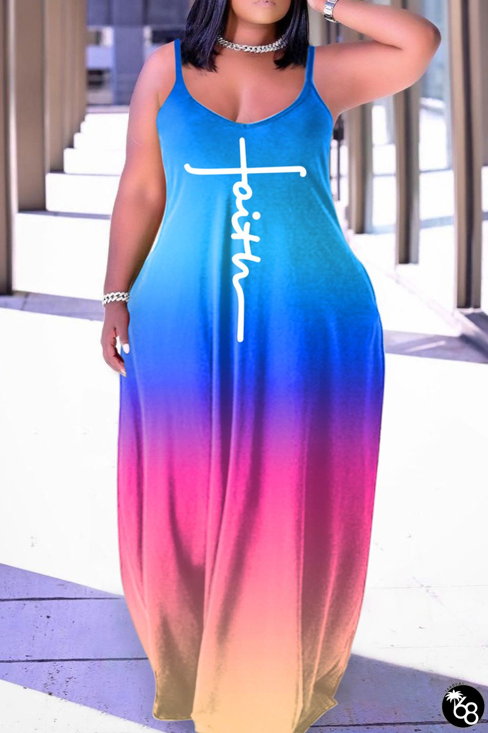 Light Blue Sexy Casual Print Backless Spaghetti Strap Long Dress Dresses | 168DEAL