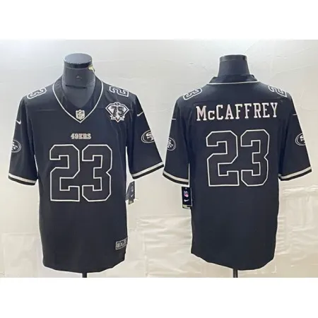 Men's San Francisco 49ers #23 Christian McCaffrey Black With 75th Anniversary Patch Stitched Jersey O23I