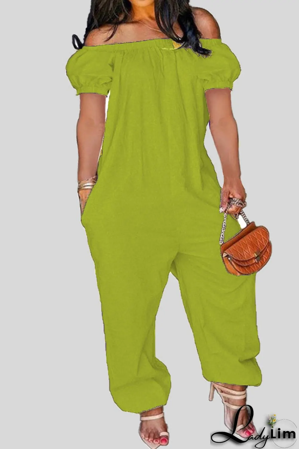 Tangerine Red Casual Solid Patchwork Off the Shoulder Loose Jumpsuits