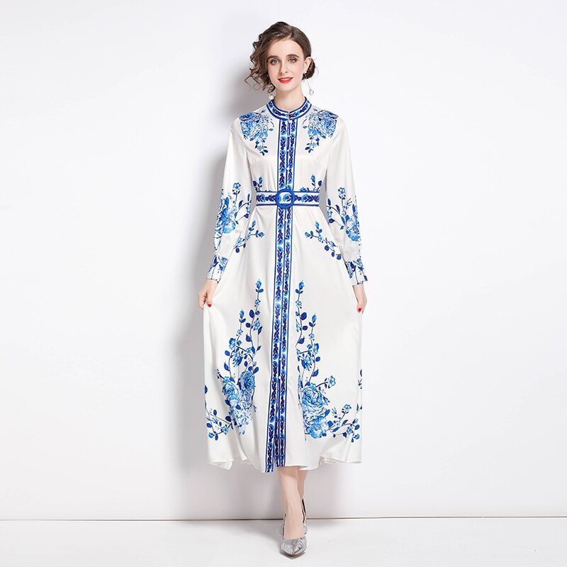 Kochimaru 2022 Spring Runway Long Dress Women Long Lantern Sleeve Single Breasted Blue Floral Print Split Boho Dress with Belt
