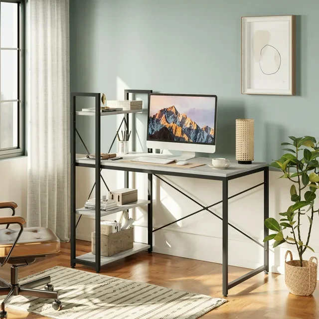 Bestier 47" Computer Desk with Adjustable Shelves, Writing Desk with Reversible Bookshelf, Wash White