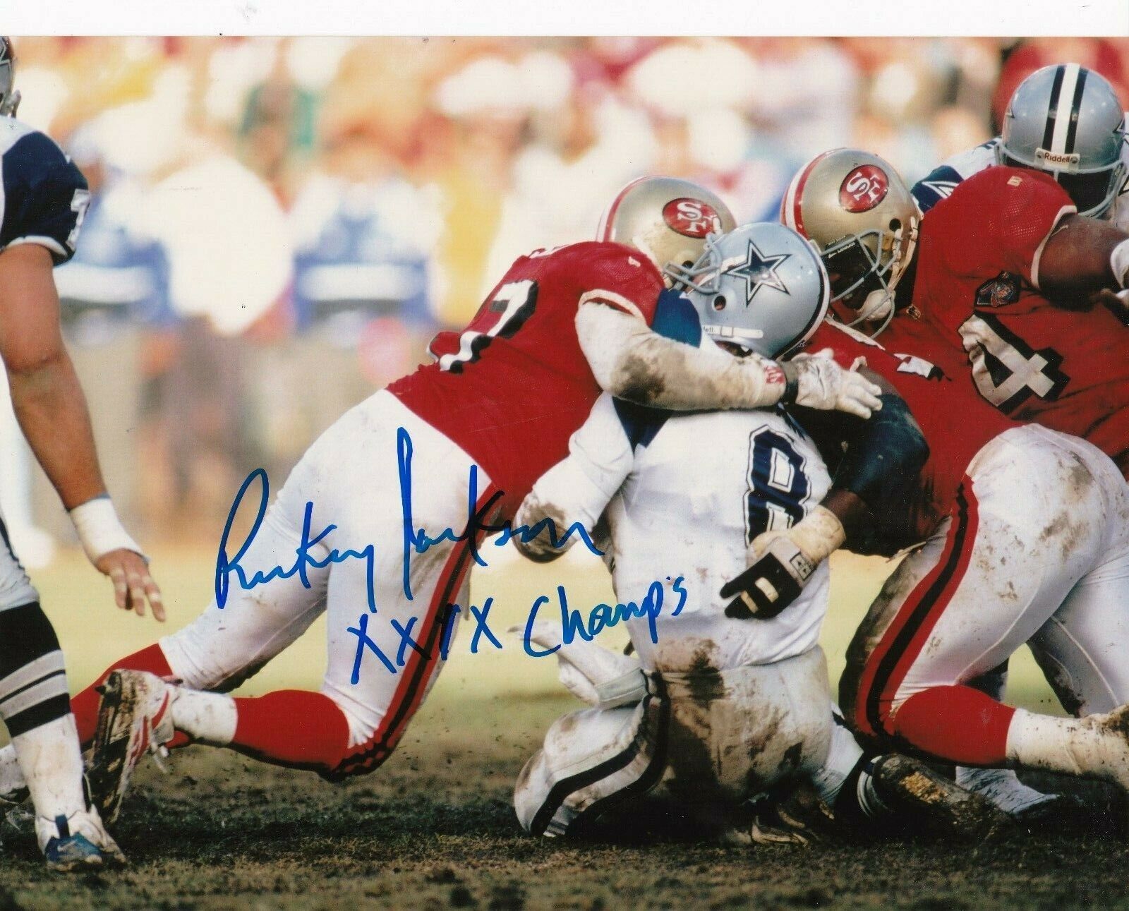 RICKEY JACKSON SAN FRANCISCO 49ERS XXIX SB CHAMPS SACKING AIKMAN SIGNED 8x10