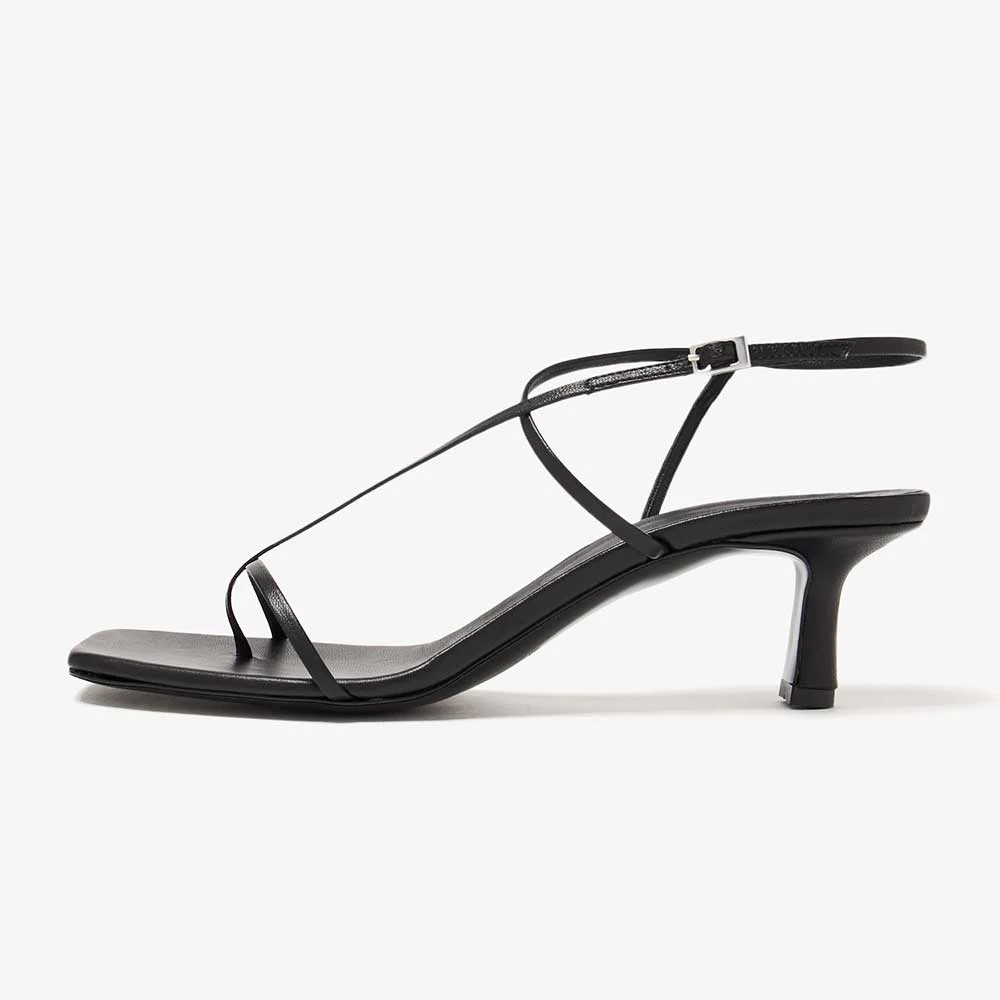 Fashion Black Square Toe Buckle Strap Kitten Heel Dress Sandals