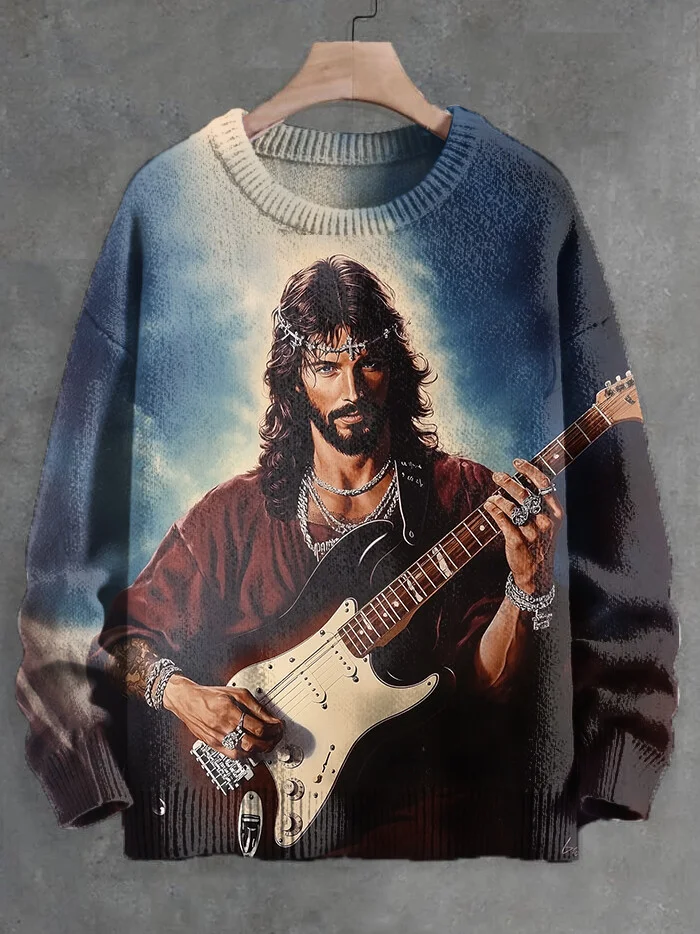 Men's Jesus Playing Guitar Art Print Knit Sweatshirt