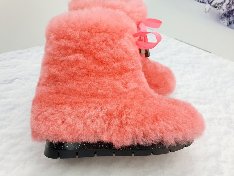Girl's pink sheepskin fur winter boots,toddler girls snow boots, kids mukluks, yeti boots for children