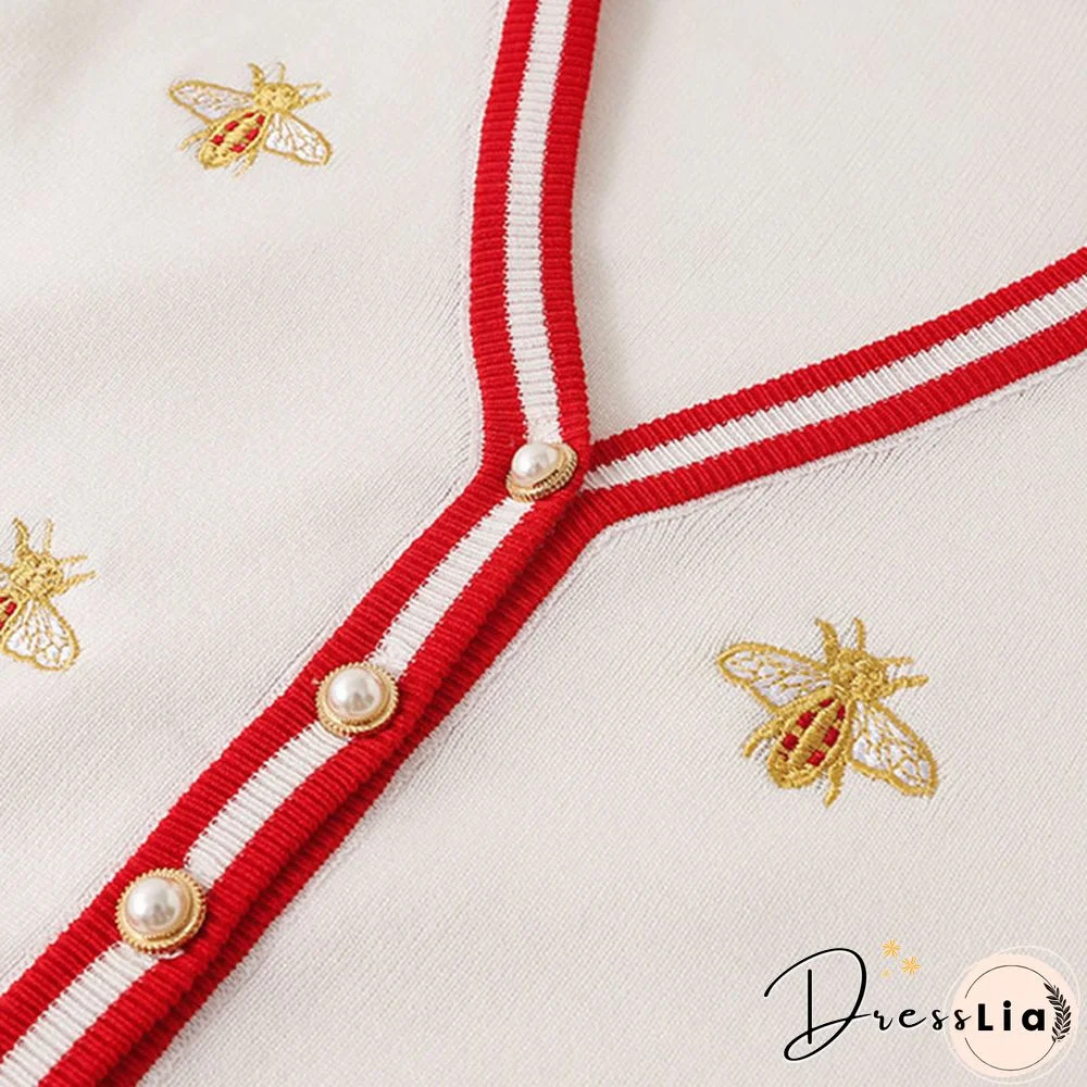 High Quality Fashion Designer Bee Embroidery Cardigan Long Sleeve Single Breasted Contrast Color Button Knitted Sweater