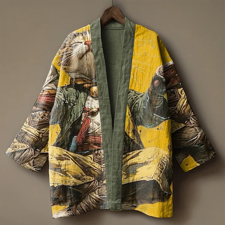 Oriental ink-wash art embroidered linen kimono cardigan