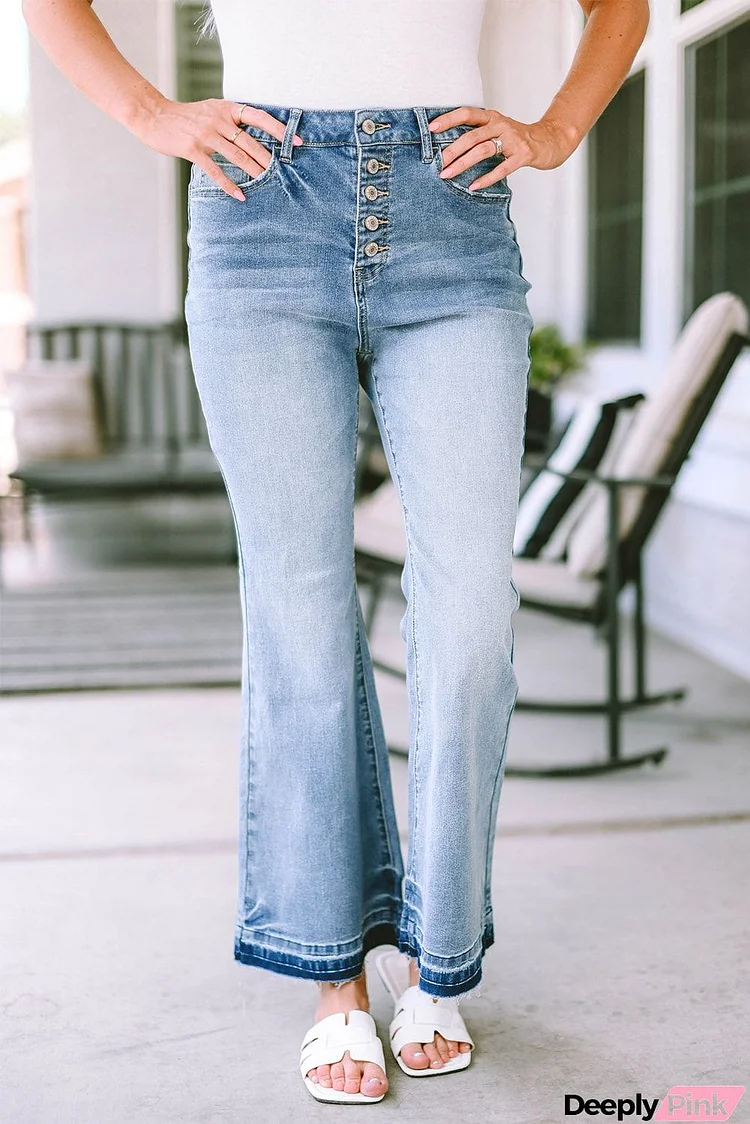 High Waist Buttoned Distressed Flared Jeans