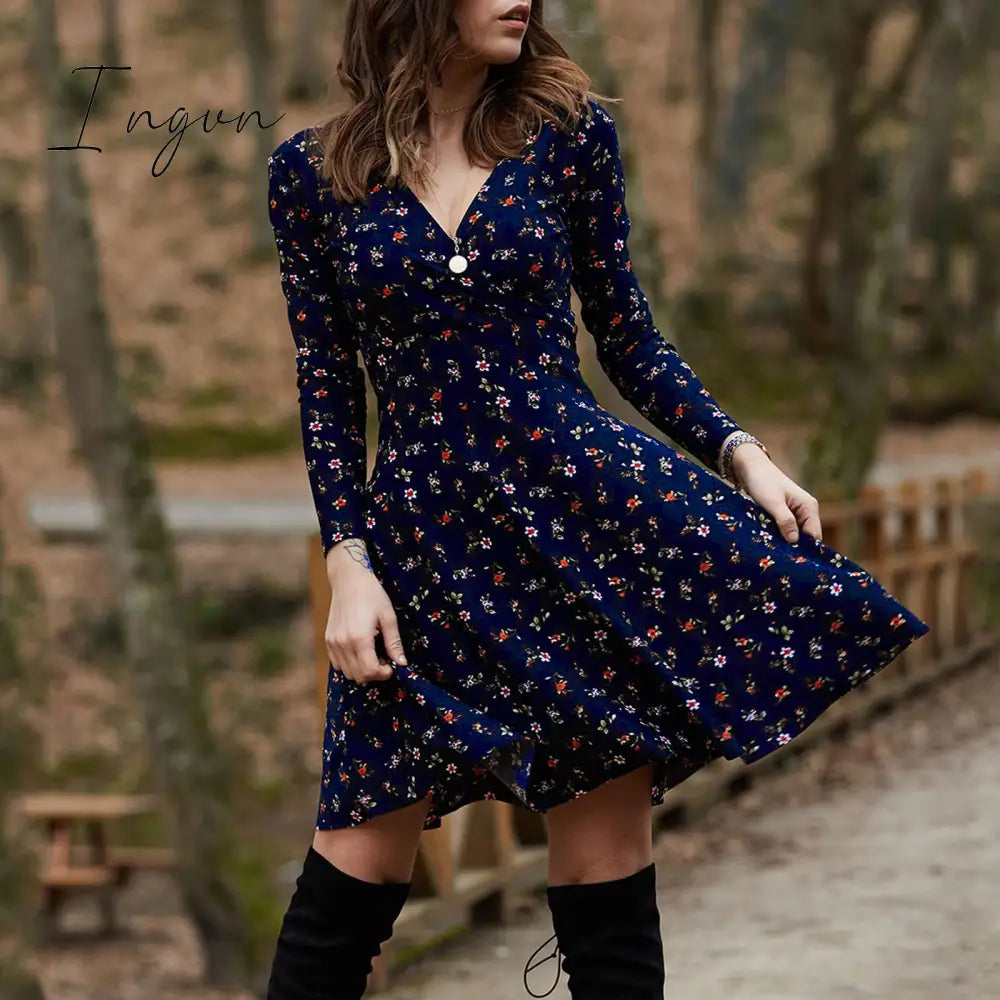 Ingvn - Spring Summer Long Sleeve V Neck Flowers Print Boho Dress Women Elegant Vintage Floral