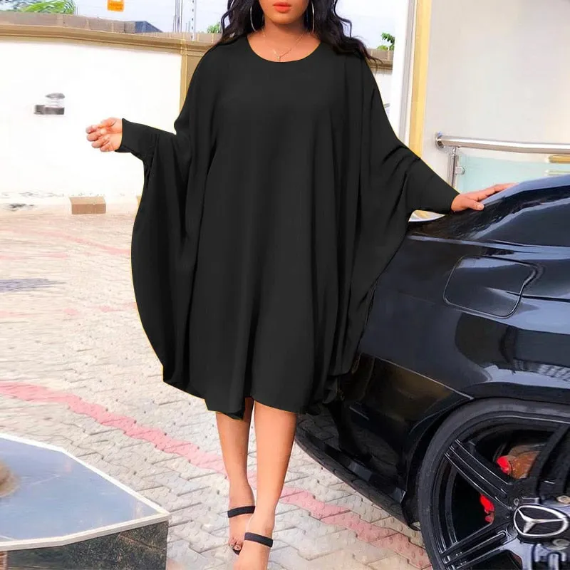 3 Colors Women Dress Plus Size VONDA Autumn Casual Pleated Solid Vestidos Bohemian Vestidos O Neck Long Bat-Sleeve Robes 5XL
