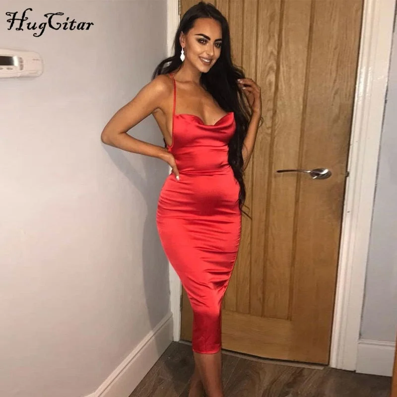 Hugcitar satin slip high waist neon backless sexy bodycon midi dress 2019 summer women fashion party elegant sleeveless clothes