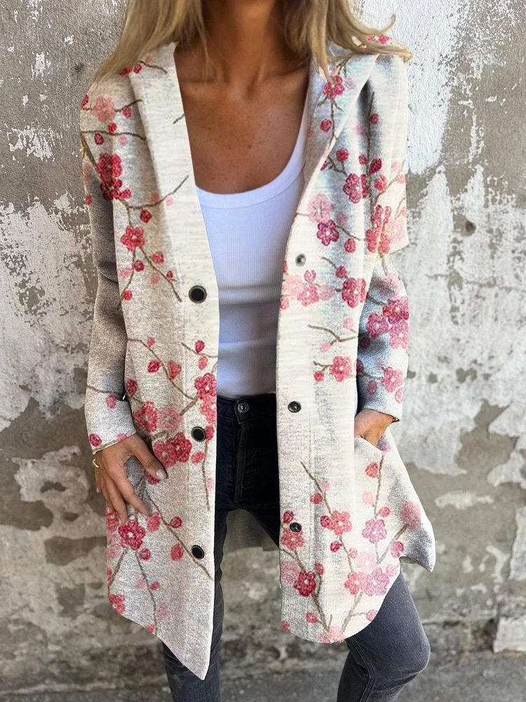 Japanese Plum Blossom Literary Retro Long-sleeved Hooded Jacket