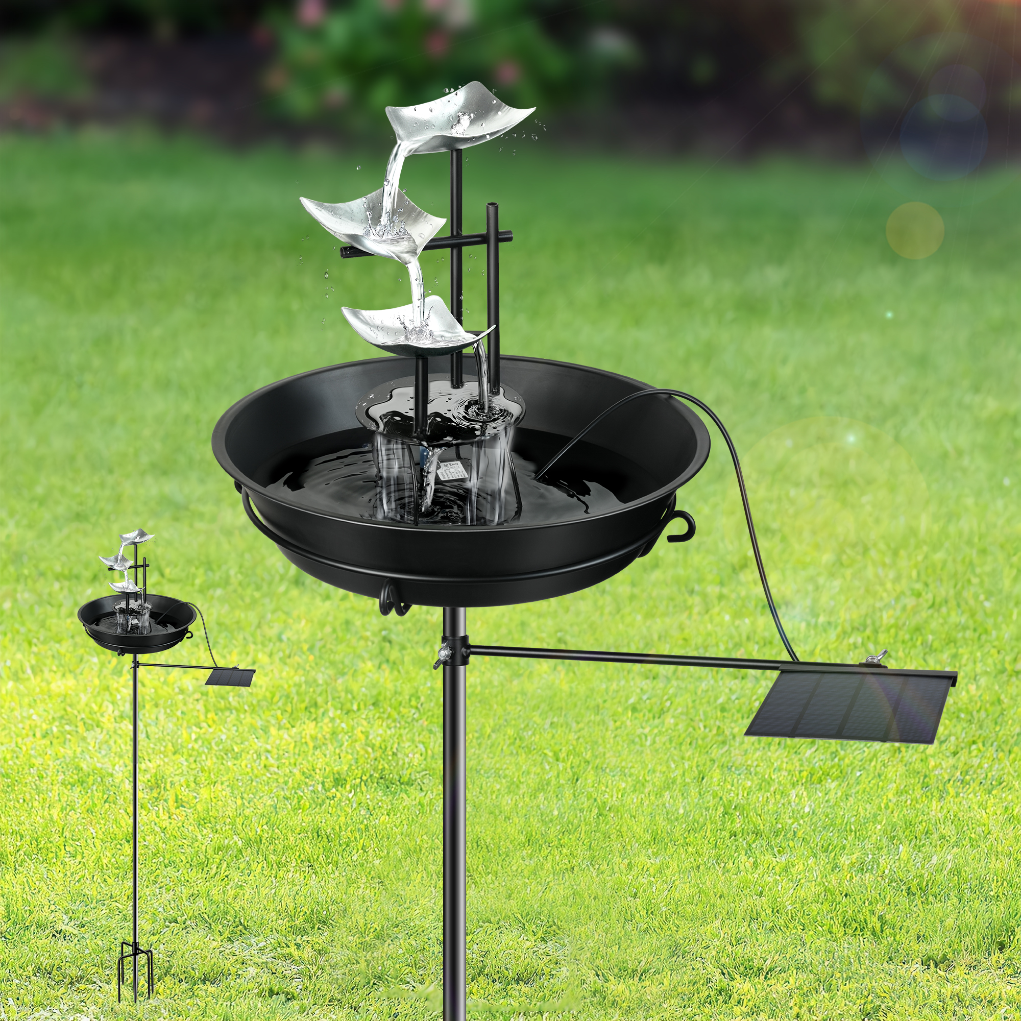 LUJII Solar Bird Bath with Flowing Water Fountains for Outdoors, Detachable 3-Tier Waterfall Fountain with Suction Cups, Soothing Sound, Built-in Pump & Solar Panel, Rustproof Metal Birdbath
