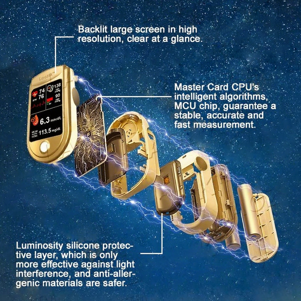 LaozikTM Professional 12in1 Glucose Vital Signs Monitor-Painless, Fast, Precise FDA-Backed(Made in California, USA)