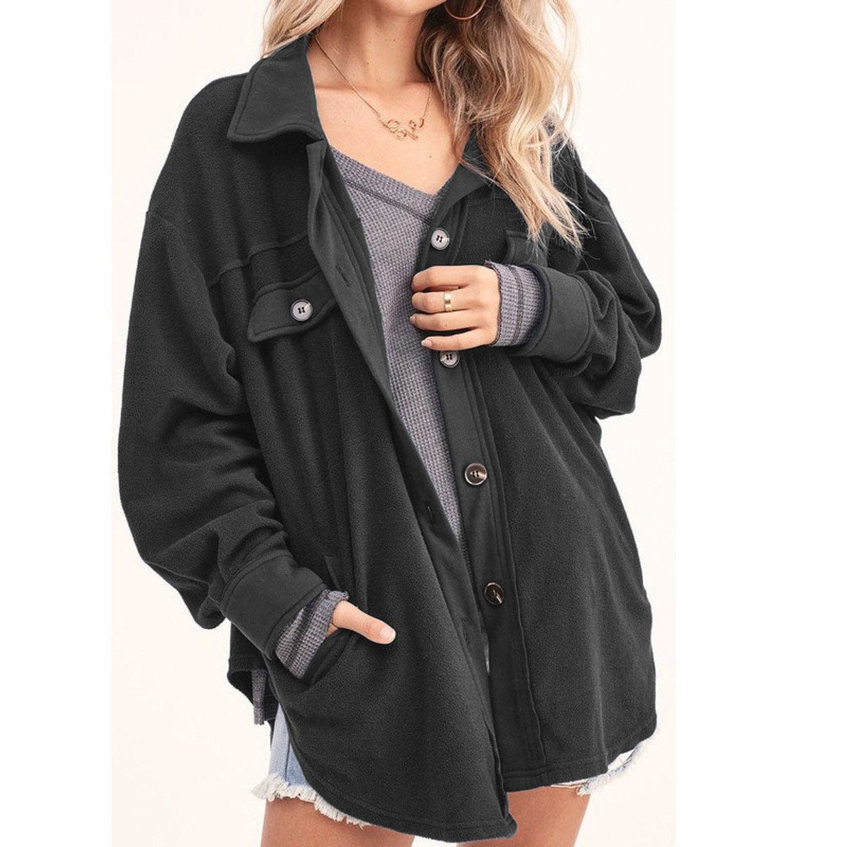 thdmladies New lapel fleece-breasted cardigan jacket shirt thedmladies