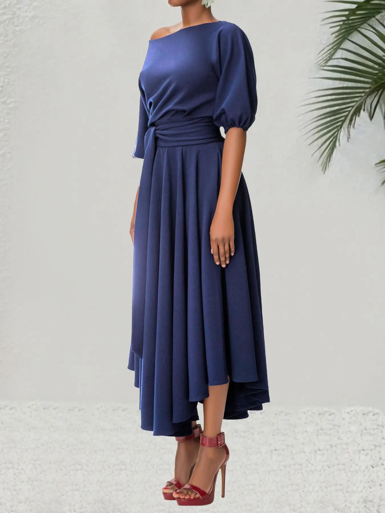 Women's Plain Belted Split Boat Neck Dress, Elegant Bishop Sleeve A Line Dress for Summer, Summer Outfits 2024, Fashion Women's Dress for Casual Daily Wear, Womenswear Women's Plain Belted Split Boat Neck Dress, Elegant Bishop Sleeve A Line Dress for Summer, Summer Outfits 2024, Fashion Women's Dress for Casual Daily Wear, Womenswear