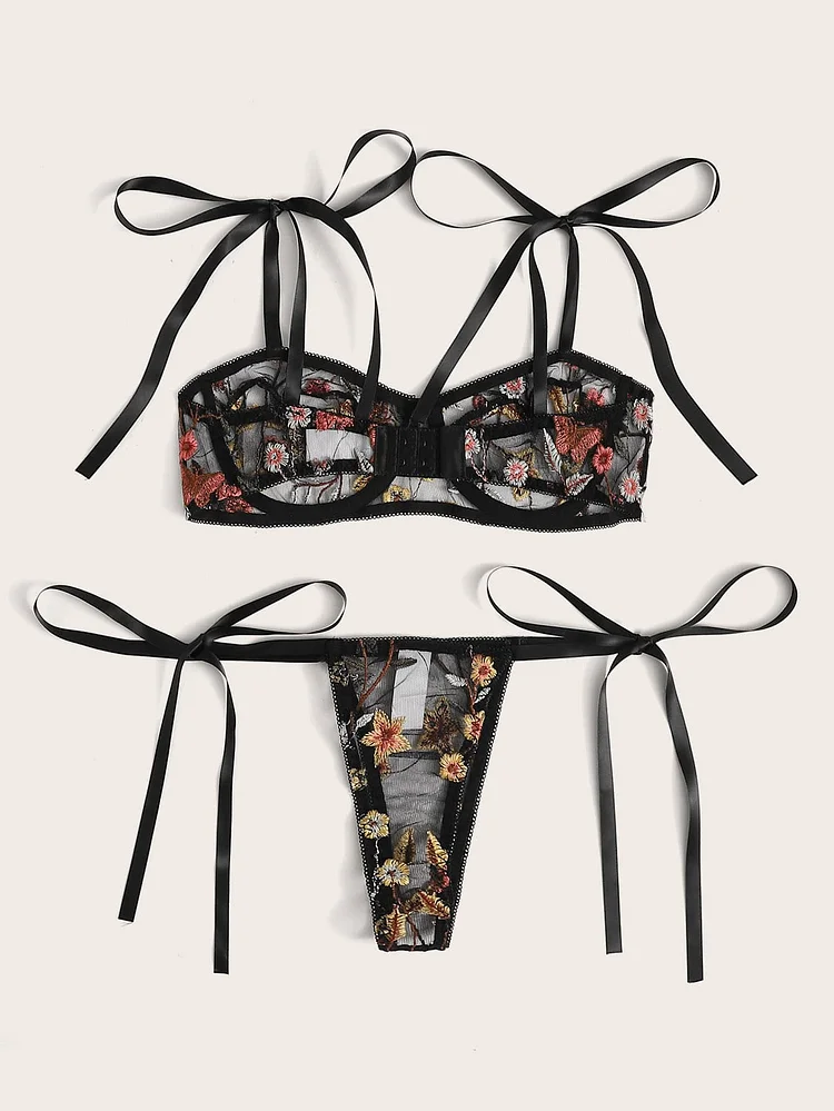 Floral Embroidery Bra & Side Tie Thong