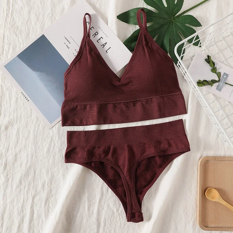 Women Bra Panties Set Sexy G-String Push Up Bra Crop Top Seamless Underwear Fitness Active Bra Top Thongs Female Lingerie Set