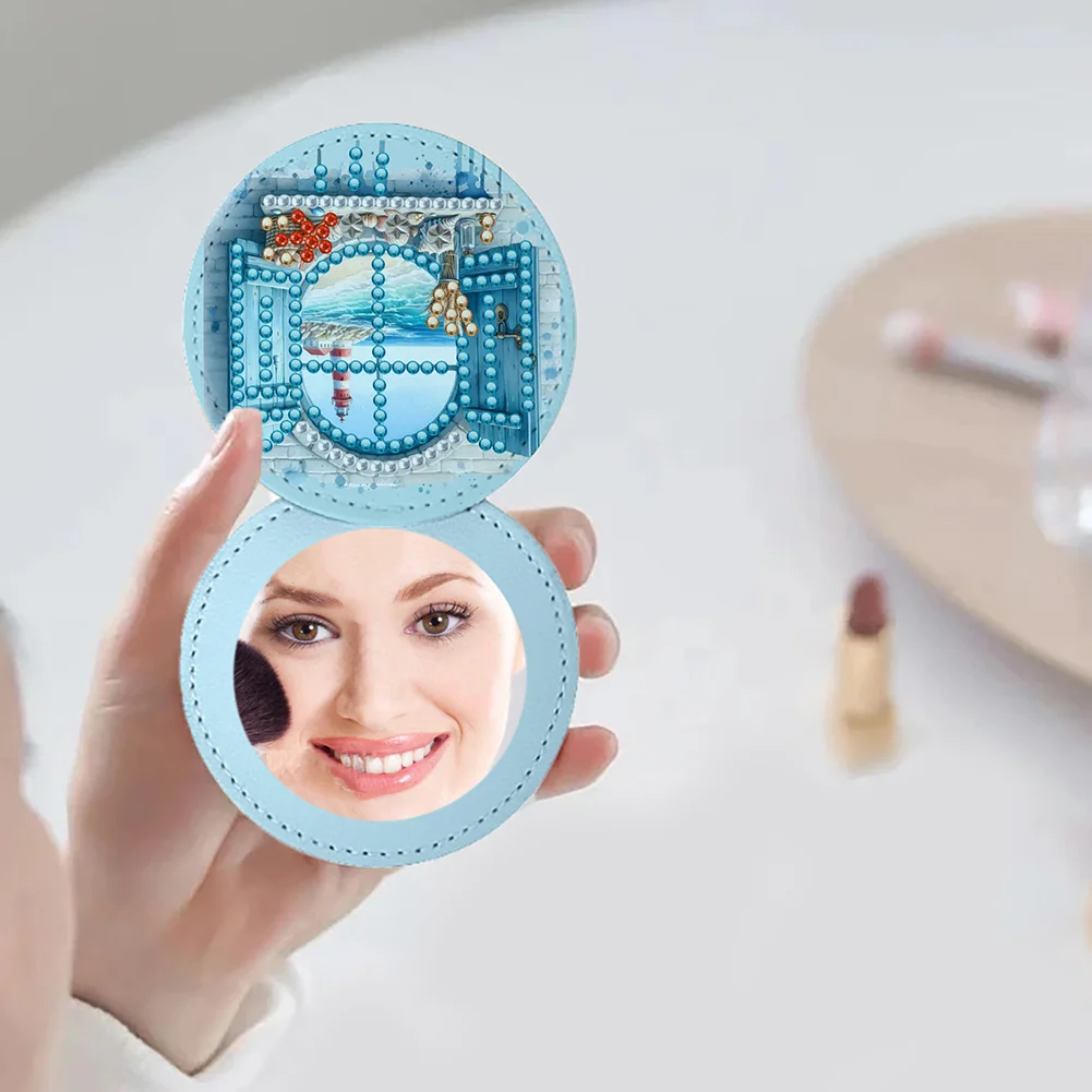 DIY Diamond Art Portable Cosmetic Mirror Home Diamond Painting Crafts (Beach)