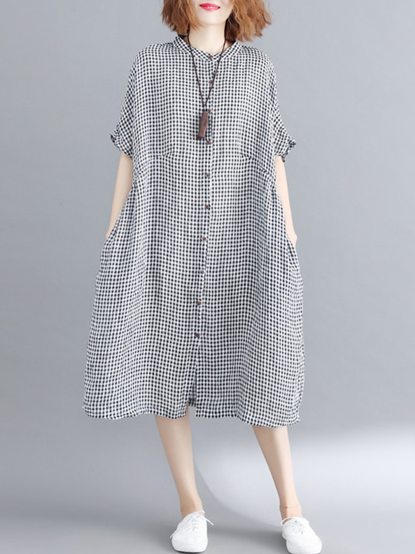 Artistic Retro Loose Plaid Midi Dress with Split-Joint Design