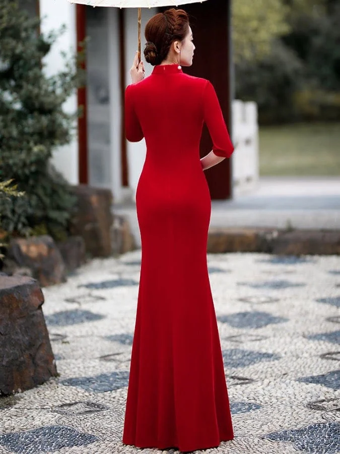 Qipao for event, velvet material, fish tail full length Qipao