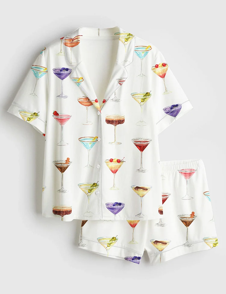Women&rsquo;s Martini Clipart Gin Cocktail Dirty Martini Fruity Mocktail Party Alcohol Drinks Mixed Drink Short Sleeve Satin Pajama Set