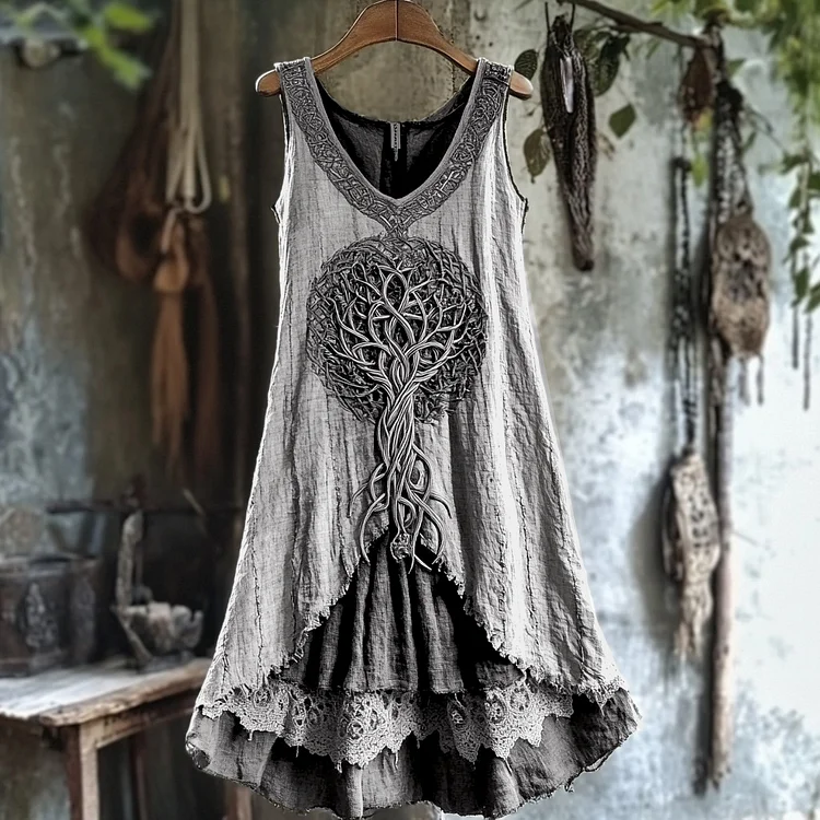Tribal Tree Of Life Lace Patchwork Art Linen Tank Dress