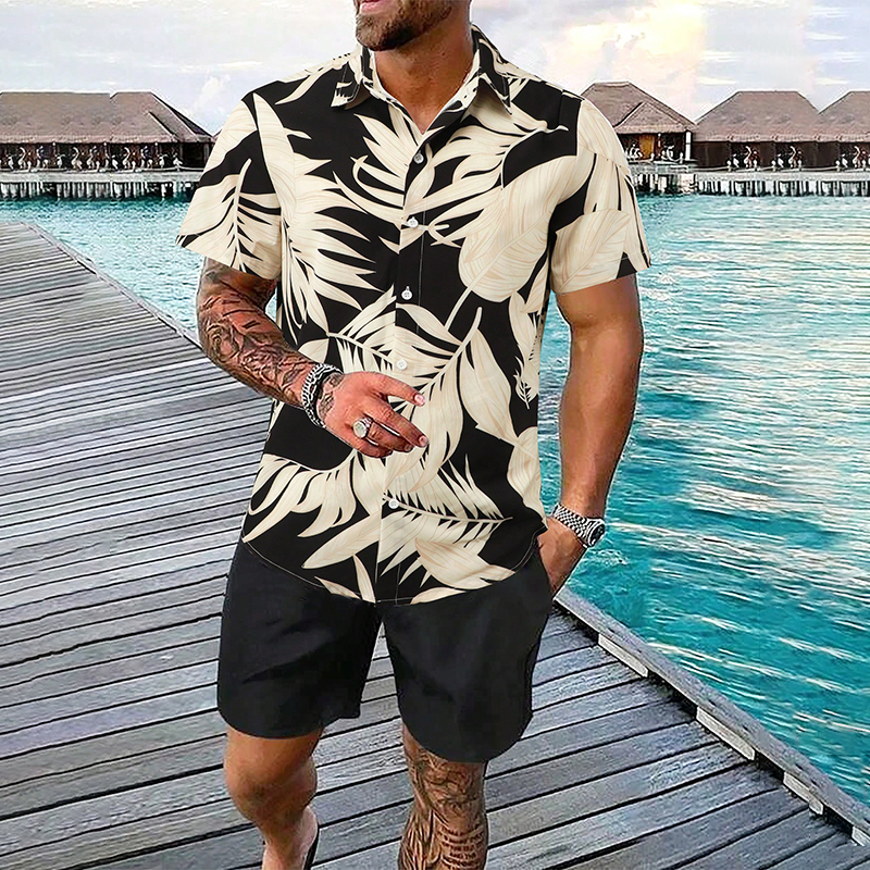 Comstylish Hawaiian Vacation Tropical Print Short Sleeved Two Piece Set