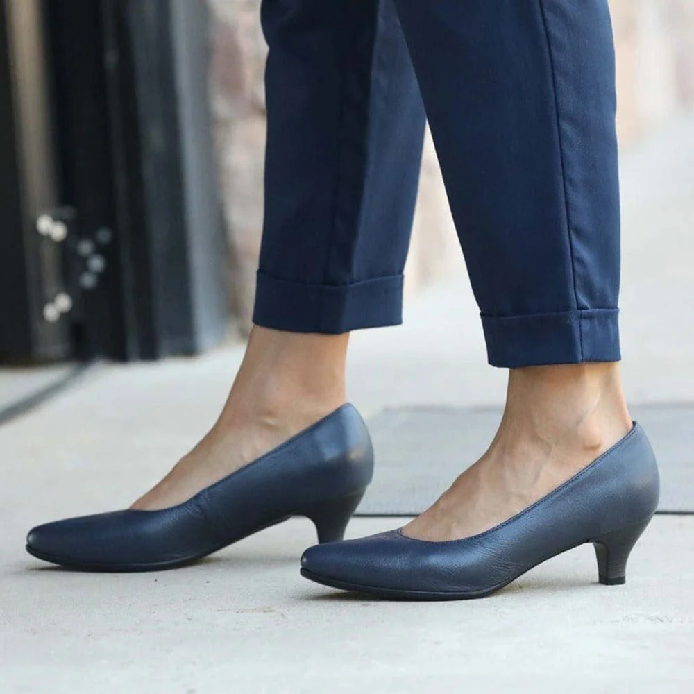 Navy Pointed Toe Slip-On Kitten Heel Simple Pumps for Women