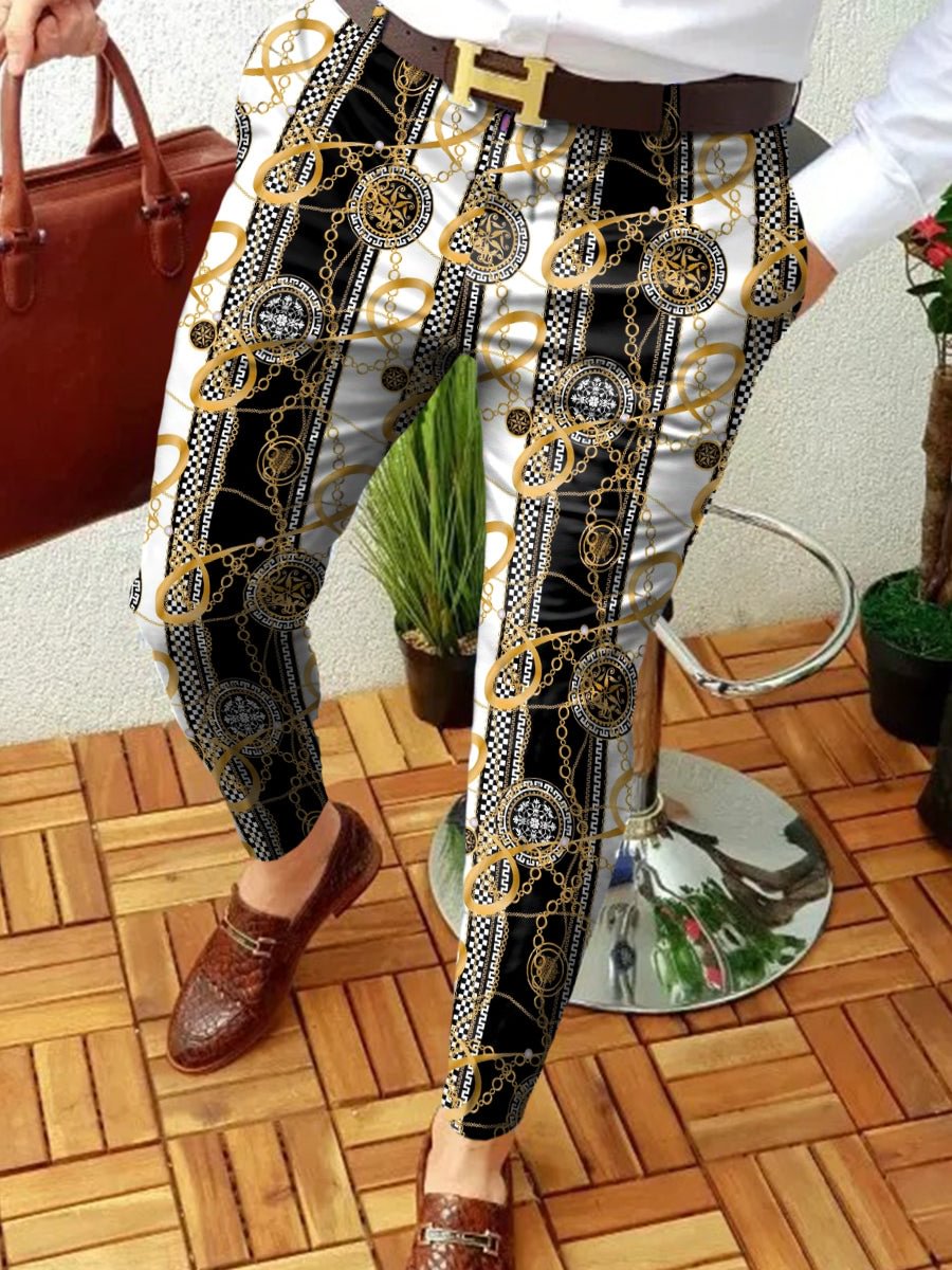 Men's Casual Abstract Contrast Color Chain Printed Textured Suit Pants