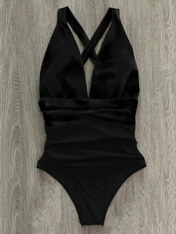Sexy Plunging Solid Color Backless One-Piece Swimwear