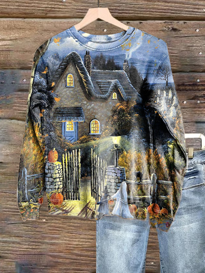 Women's Enchanted House Halloween Art casual long sleeve sweatshirt.