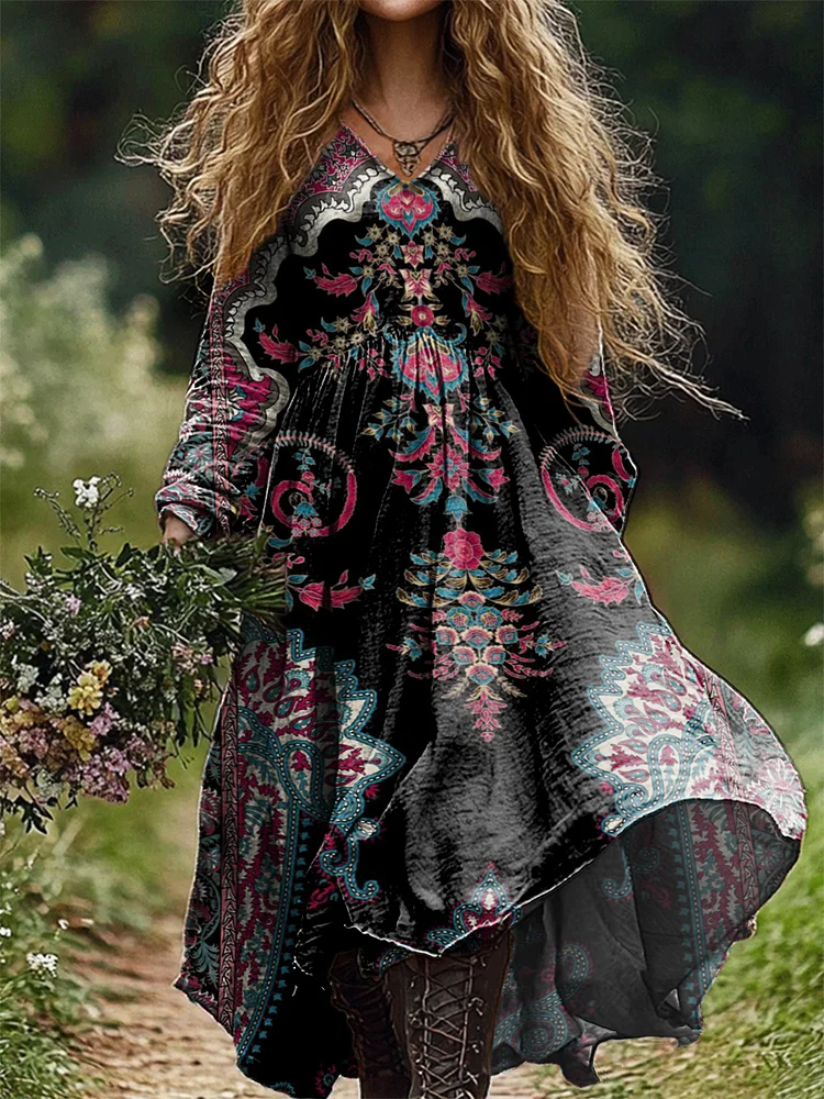 Women's Vintage Floral Art Print Pocket Cotton Dress