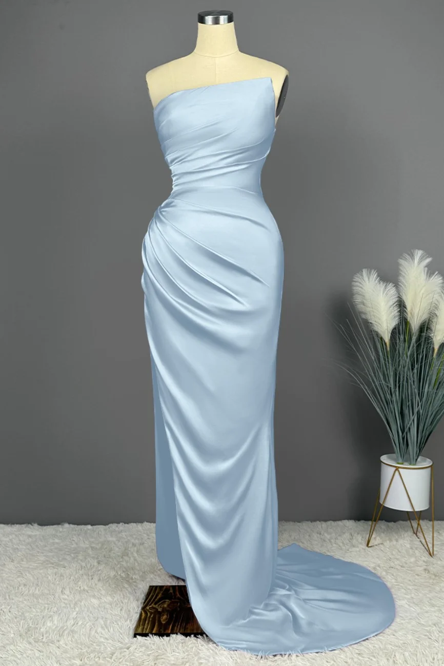 Okdais Prom Dress Simple Blue Sleeveless Charmeuse With High Slit PLeated X0002