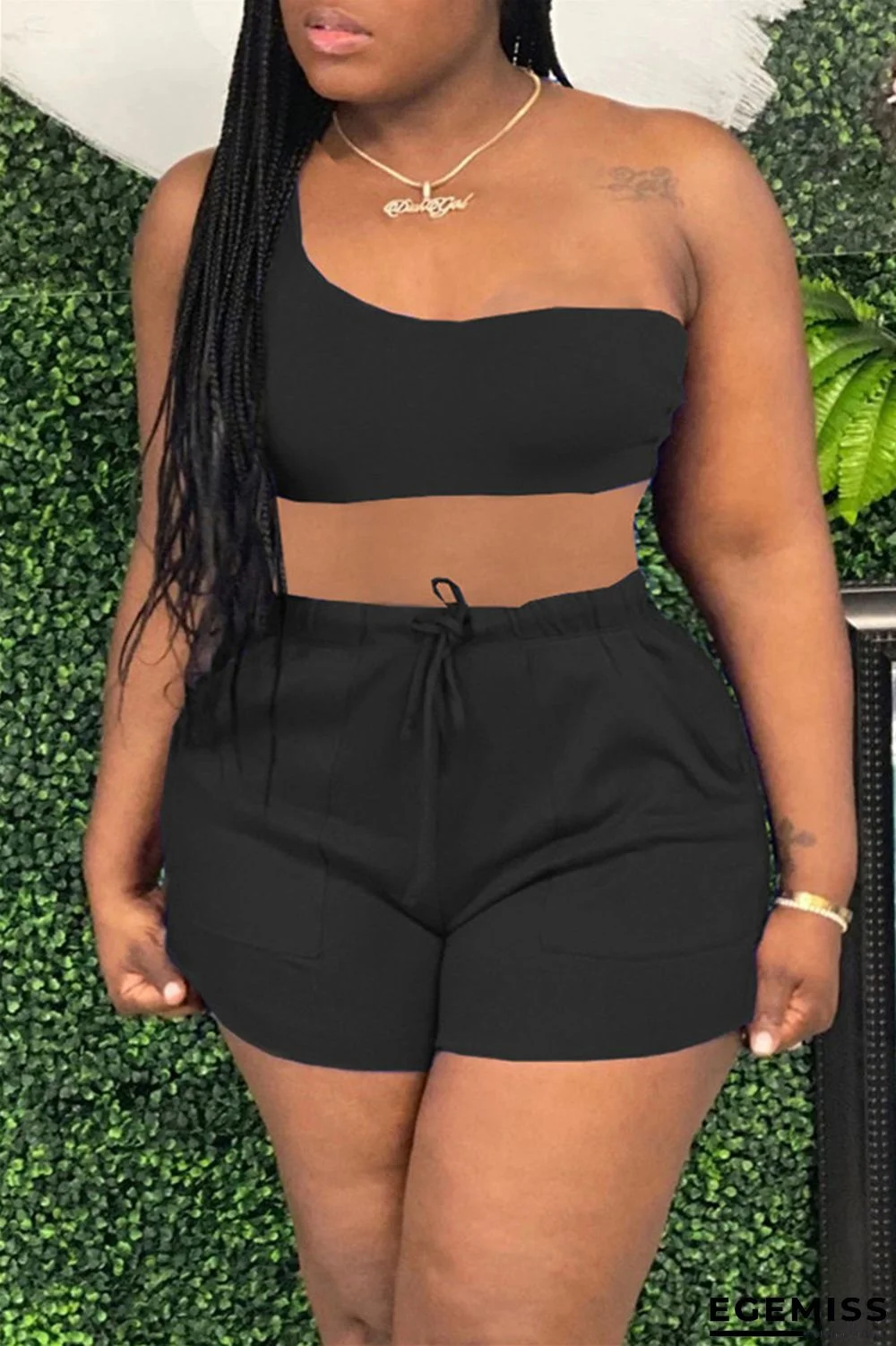 Black Sexy Casual Solid Backless One Shoulder Sleeveless Two Pieces | EGEMISS