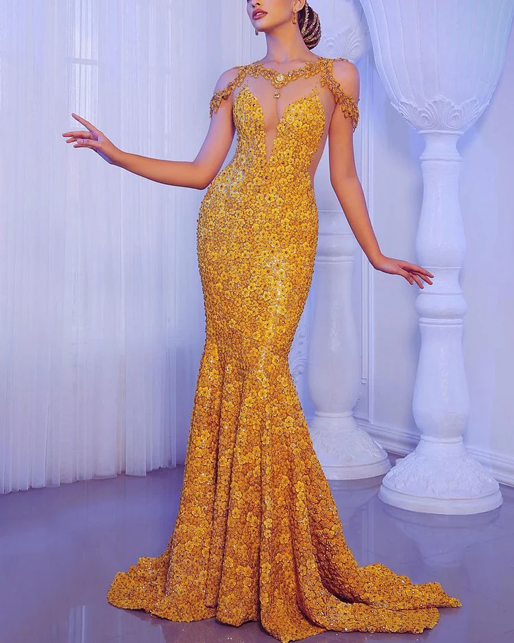Elegant embroidered sequin gown