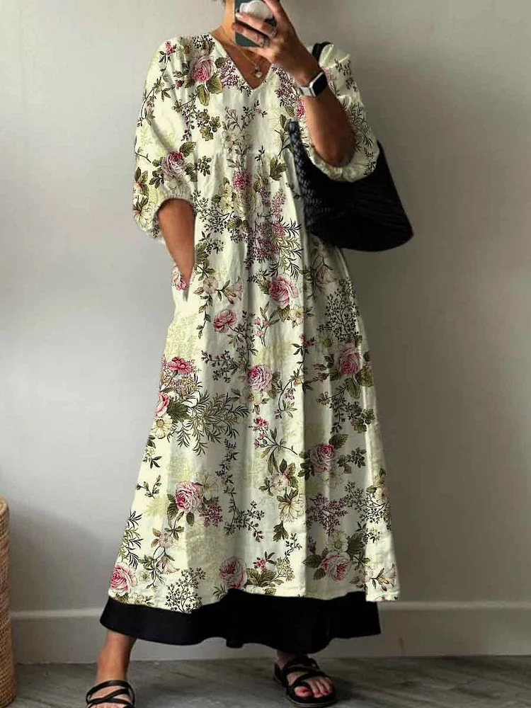 White Rose Botanical Decorative Pattern Pocket V-neck Cotton Dress