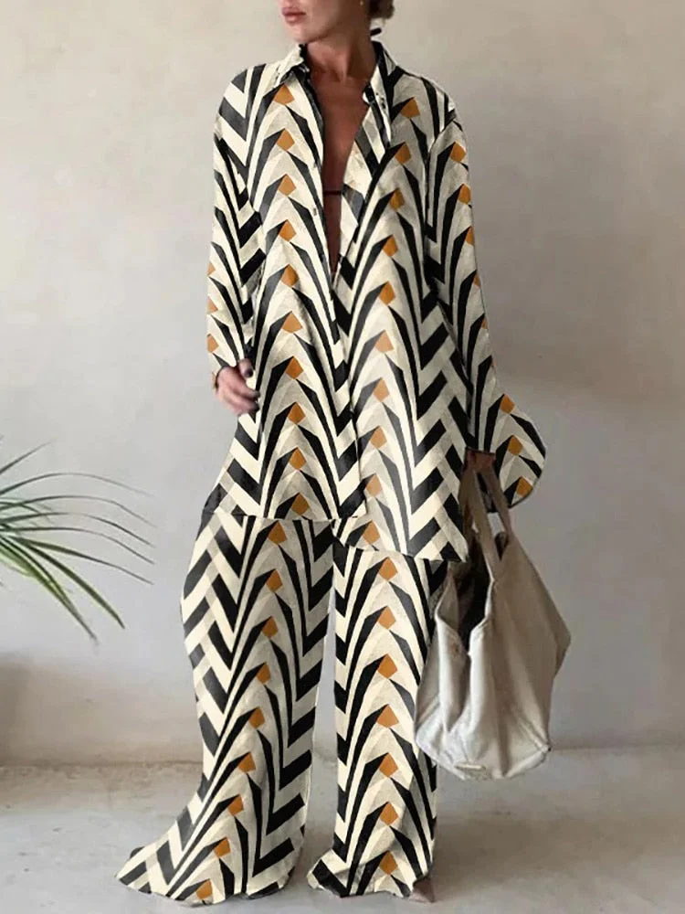 Elegant Turn Down Collor Print Set Lady Buttons Loose Long Shirt Tops And Wide Leg Pants Suits 2022 Casual Women Two Piece Sets