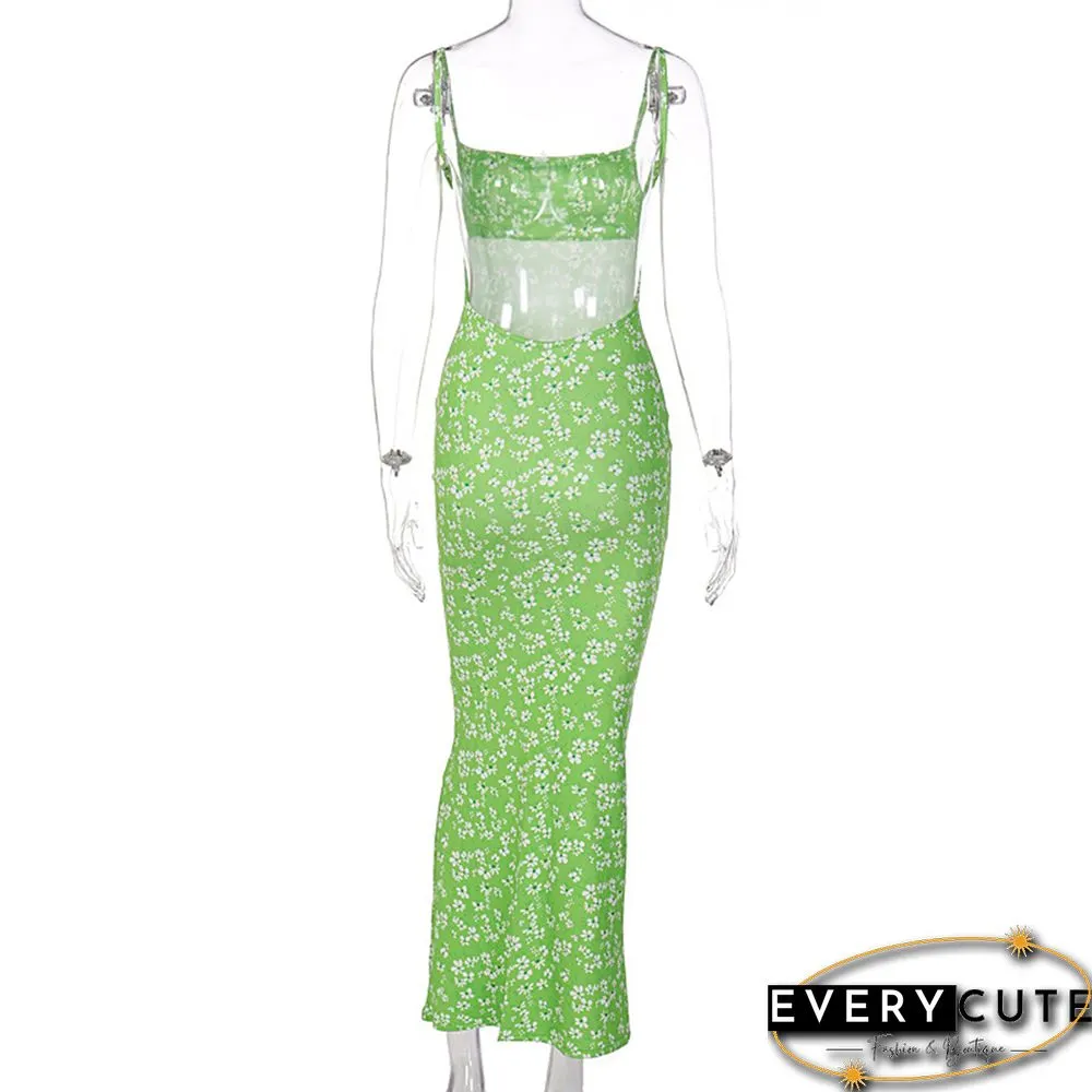 Green Backless Spaghetti Straps Floral Dress
