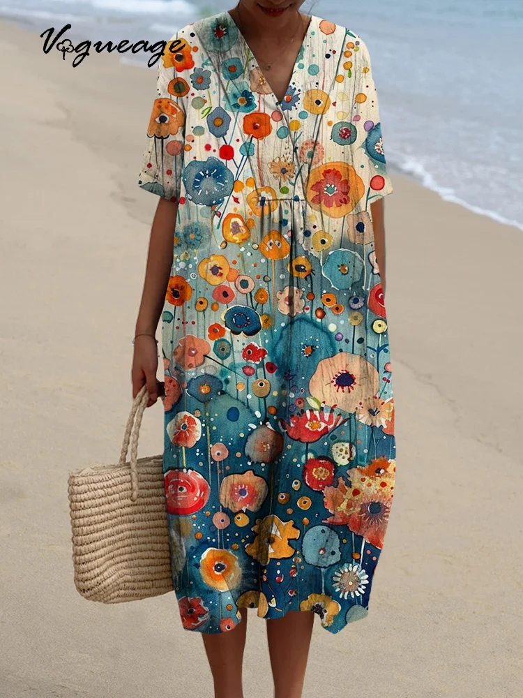 Bright Colorful Flowers Printed Women's Casual Cotton And Linen Dress